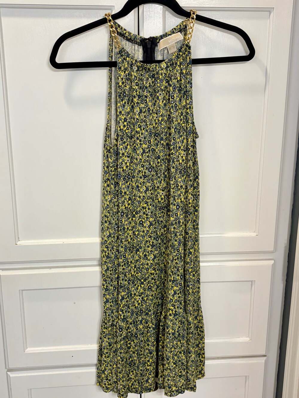 Michael Kors Women’s M Yellow Floral Maxi Dress Gold Chain Halter Strap BOHO